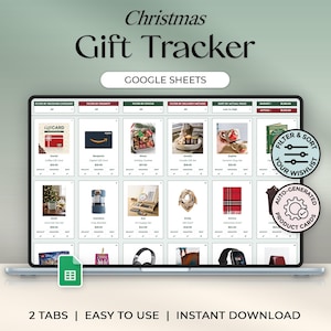 May include: A digital Christmas Gift Tracker for Google Sheets displayed on a laptop screen. The interface features a grid of gift items with columns for receiver, status, and price, alongside filter menus and two circular badges for sorting and auto-generated cards.