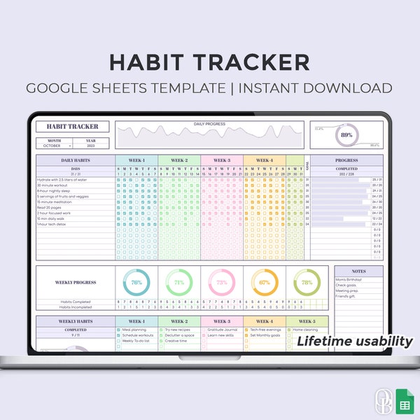 Habit Tracker - Lifetime Usability - Daily Weekly Monthly Habits - Google Sheets Template - Spreadsheet - Instant Download