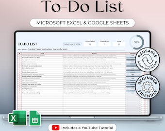 Simple To Do List - Task Tracker - Excel and Google Sheets Template - Ocean Theme - Instant Download