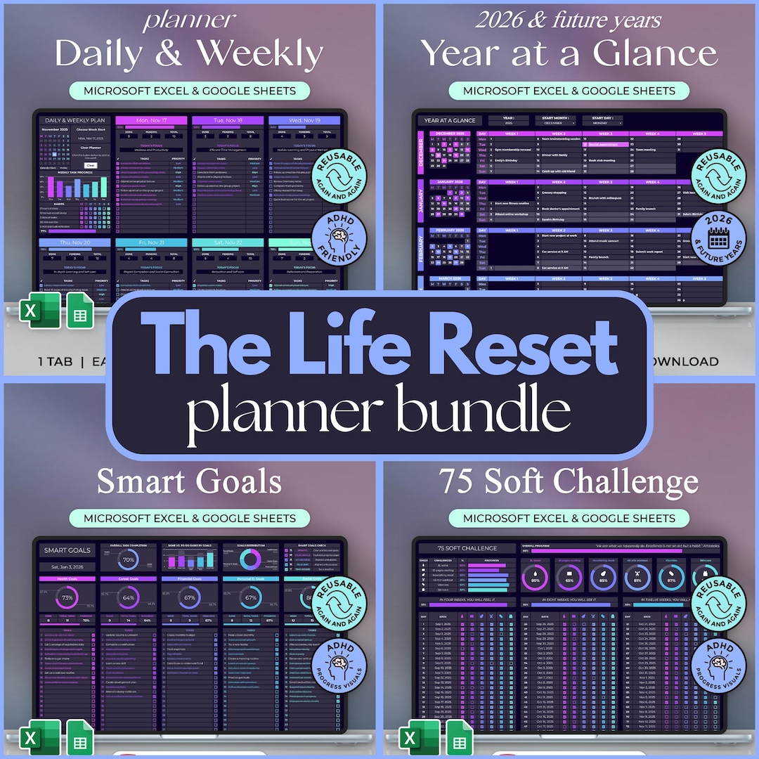 The Life Reset Planner Bundle - Excel and Google Sheets - Dark Theme ...