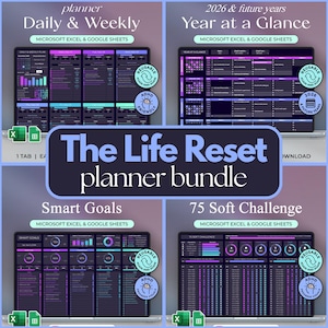 May include: The Life Reset planner bundle, featuring Daily & Weekly, Year at a Glance, Smart Goals, and 75 Soft Challenge templates. Compatible with Microsoft Excel & Google Sheets. Includes a reusable and ADHD-friendly design. The bundle is available for download.