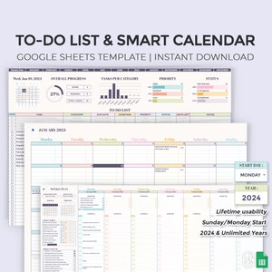 2024 To-Do List, Smart Calendar, Weekly Plan & Daily Schedule - Lifetime Usability - Google Sheets Template - Spreadsheet - Instant Download