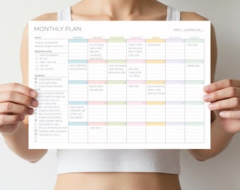 Monthly Plan - Monday and Sunday Start - A4 and Letter Size - Undated Planner - Landscape - Pastel - Printable PDF - Instant Download