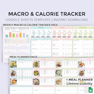 Pode incluir: Um modelo de planilha Google colorido para rastrear macros e calorias. O modelo inclui uma p&aacute;gina de rastreamento semanal com se&ccedil;&otilde;es para segunda-feira, ter&ccedil;a-feira e quarta-feira, e uma p&aacute;gina de planejamento de refei&ccedil;&otilde;es com se&ccedil;&otilde;es para caf&eacute; da manh&atilde;, almo&ccedil;o, jantar e lanches. O modelo tamb&eacute;m inclui um gr&aacute;fico para rastrear o progresso ao longo do tempo.