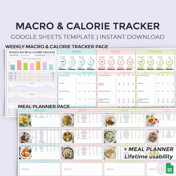 Weekly Macro & Calorie Tracker + Meal Planner - Counter - Google Sheets Template - Spreadsheet - Instant Download