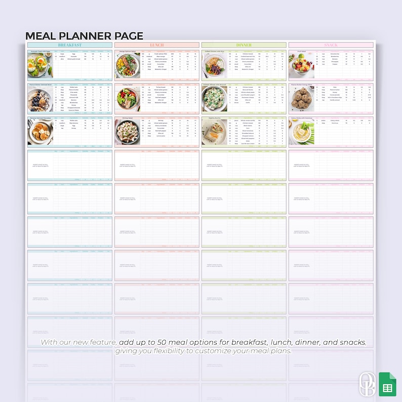 Pode incluir: Uma p&aacute;gina de planejador de refei&ccedil;&otilde;es imprim&iacute;vel com um design colorido. A p&aacute;gina &eacute; dividida em quatro se&ccedil;&otilde;es: caf&eacute; da manh&atilde;, almo&ccedil;o, jantar e lanches. Cada se&ccedil;&atilde;o tem uma grade com espa&ccedil;os para 10 op&ccedil;&otilde;es de refei&ccedil;&otilde;es. A p&aacute;gina inclui o texto "Com nosso novo recurso, adicione at&eacute; 50 op&ccedil;&otilde;es de refei&ccedil;&otilde;es para caf&eacute; da manh&atilde;, almo&ccedil;o, jantar e lanches, dando a voc&ecirc; flexibilidade para personalizar seus planos de refei&ccedil;&otilde;es."
