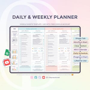 Agenda quotidien et hebdomadaire - Effacer le bouton - Modèle Google Sheets - Programme quotidien - Liste de contrôle - Liste des tâches - Plan hebdomadaire - Téléchargement immédiat