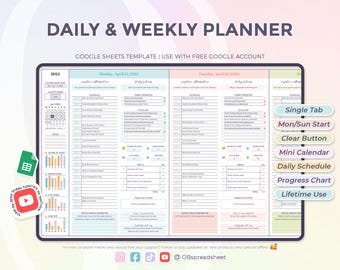 Daily & Weekly Planner - Clear Button - Google Sheets Template - Daily Schedule - Checklist - To Do List - Weekly Plan - Instant Download