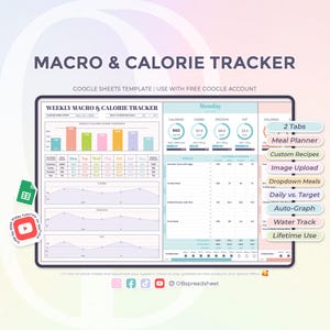 Tracker settimanale di macro e calorie + pianificatore di pasti - Contatore - Modello di Fogli Google - Foglio di calcolo - Download immediato