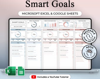 Könnte beinhalten: Ein digitaler Planer, der auf einem Laptop-Bildschirm angezeigt wird und die Wörter "Smart Goals" und "Microsoft Excel & Google Sheets" enthält. Der Planer umfasst Abschnitte für Gesundheits-, Karriere-, Finanz- und persönliche Ziele mit Fortschrittsanzeigen und Aufgabenlisten. Enthält ein YouTube-Tutorial.