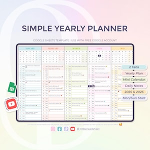 Eenvoudige jaarplanner 2025 2026 - start maandag en zondag - evenementen, verjaardagen en dagelijkse notities - kalender - Google Spreadsheets - direct downloaden