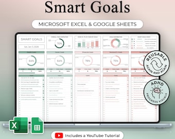 May include: A digital planner displayed on a laptop screen, titled "Smart Goals." The planner is designed for Microsoft Excel and Google Sheets, featuring sections for health, career, financial, and personal goals. Includes a YouTube tutorial and is easy to use.