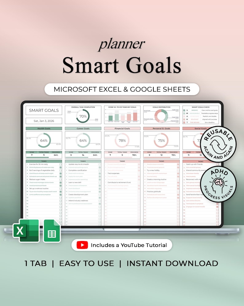 Smart Goals Tracker - Goal Planner - Excel & Google Sheets Template ...