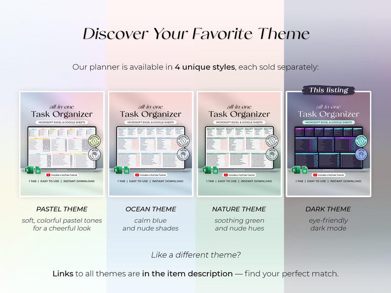 May include: Digital planner with four theme options: Pastel, Ocean, Nature, and Dark. Each theme is displayed on a tablet screen, showcasing a task organizer layout. The image includes text: "Discover Your Favorite Theme."