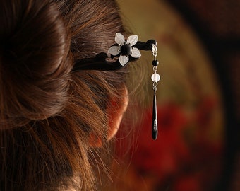 Ancient style simple ebony hairpin, cheongsam accessories tea costume classical wooden hairpin, tassel court style hairpin