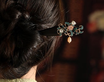 Ancient style ebony hair stick, coiffure cheongsam accessories tea costume classical wooden hairpin, tassel court style hairpin