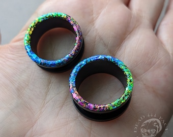 Opal Tunnels - Black Rainbow for Stretched Ears Colorful Sparkly Glitter Plugs Gauges