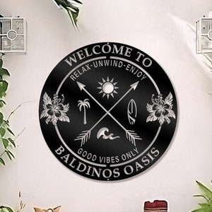 Custom Last Name Poolside Oasis Sign - Tropical Backyard Sign - Custom Welcome Sign - Summer Surfing Metal Sign -Custom Text Metal Wall Hang