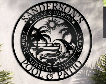 May include: Black metal sign with the text "Sandersons Relax & Unwind Sunrise Sunburn Sunset Repeat Pool & Patio" in a circle with a beach scene inside.