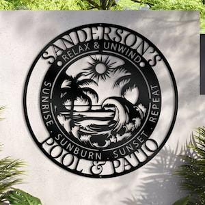 Personalized Summer Patio and Pool Sign - Custom Name Poolside Decor - Tropical Sign - Chill Beach Theme Quote Sign - Palm Tree Metal Sign
