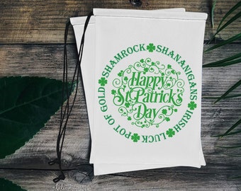 Happy St. Patrick's Day Favor Bags - Shamrock Treat Bag - Shenanigans Drawstring Party Bag - Irish Gift Bag- Green Day- Custom Patricks Gift