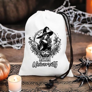 Heksenuniversiteit Halloween-feestgunstzakje, Halloween-cadeauzakjes verjaardagscadeau, heksenhoed en bezem, heks enge kat tasje met trekkoord