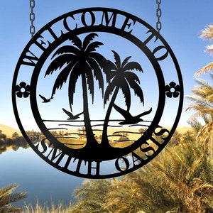Custom Palm Tree Monogram Hawaii Steel Sign Custom Metal Palm Tree Sign Beach House Sign for Outdoor Garden Home Patio Outdoor Metal Gift