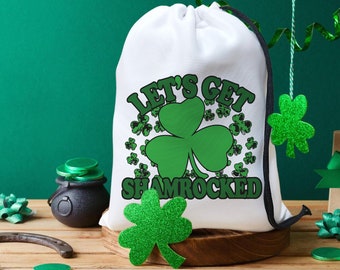 Let's Get Shamrocked St.Patrick's Party Pouch, Clover St.Pattys Treat Bag, Irish Have a Lucky Day Hangover Kit, Leaf Heart Drawstring Bag