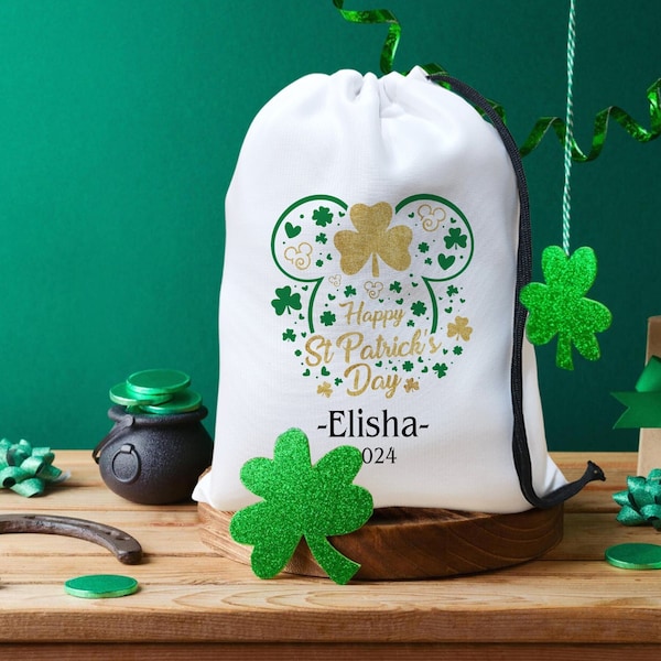 Mickey Head St.Patrick's Day Favor Bag - Heart Clover Patty’s Treat Bag - Shamrock Party Pouch - Custom Family Name Irish Gift Goodie Bag