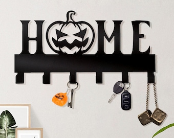 Gancho de llave de palabra de hogar de Halloween, letrero de metal del soporte de la llave, soporte de la llave de la calabaza de Halloween, arte de la pared del soporte de la llave, regalo de calentamiento de la casa, nueva decoración del hogar