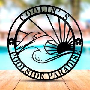 Custom Poolside Oasis Metal Sign, Personalized Tropical Patio or Pool Sign, Custom Tropical Sign, Poolside Bar Grill Metal Sign
