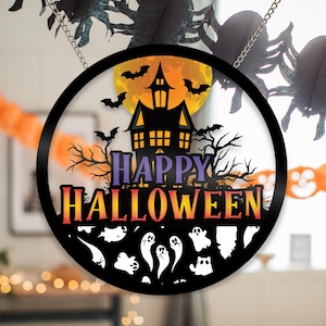 Metalen bord Happy Halloween - metalen wanddecoratie spookachtig seizoen - spookhuis metalen wanddecoratie Halloween - welkomstbord deur eng huis