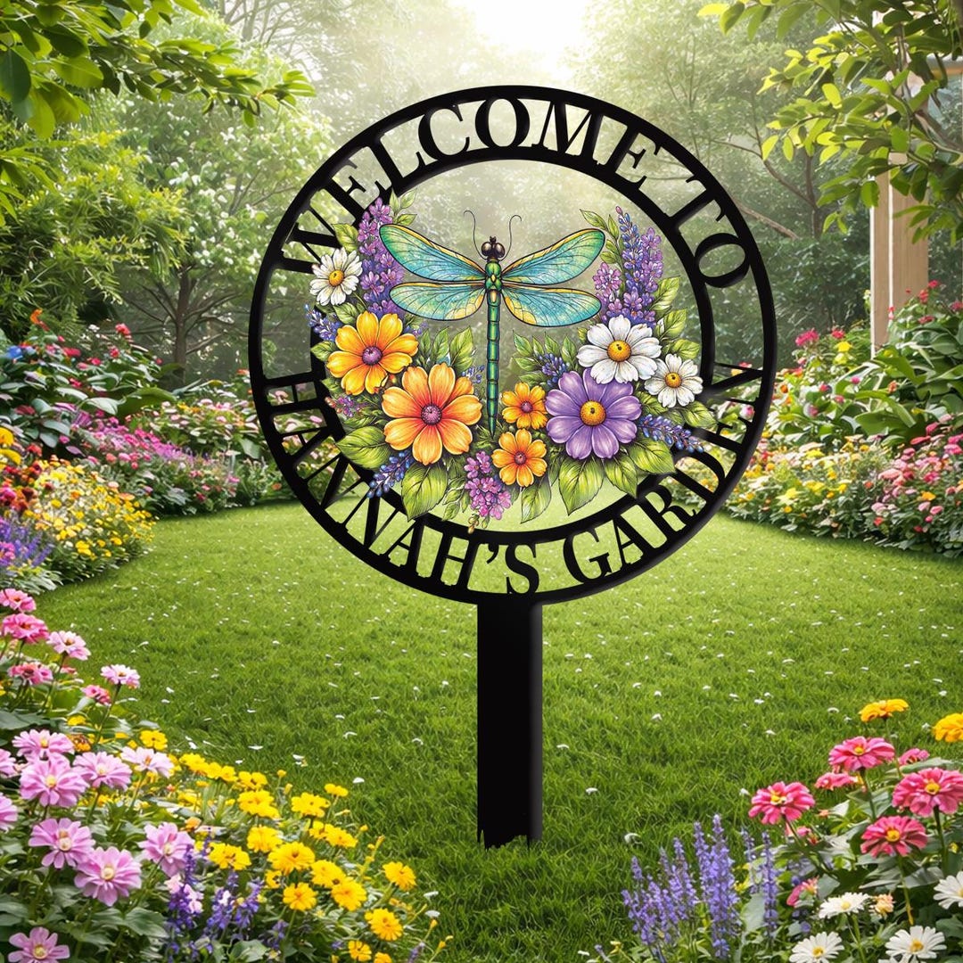 Custom Garden Dragon Fly Metal Sign With Stakes, Garden Name Sign ...