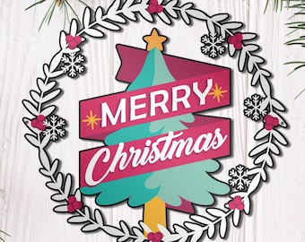 Merry Christmas Tree Wall Decor - Modern Christmas Celebration Wall Decor - Winter Metal Decor - Front Door Hanger - Printed Round Metal