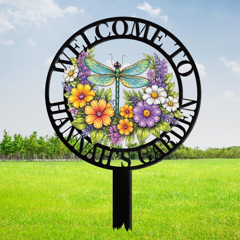 Custom Garden Dragon Fly Metal Sign With Stakes, Garden Name Sign ...