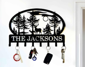 Custom Deer Metal Keyholder Hooks - Personalized Family Name Yard Sign - Camping Gift - Custom Xmas Holiday Gifts - Wildlife Lover Stakes