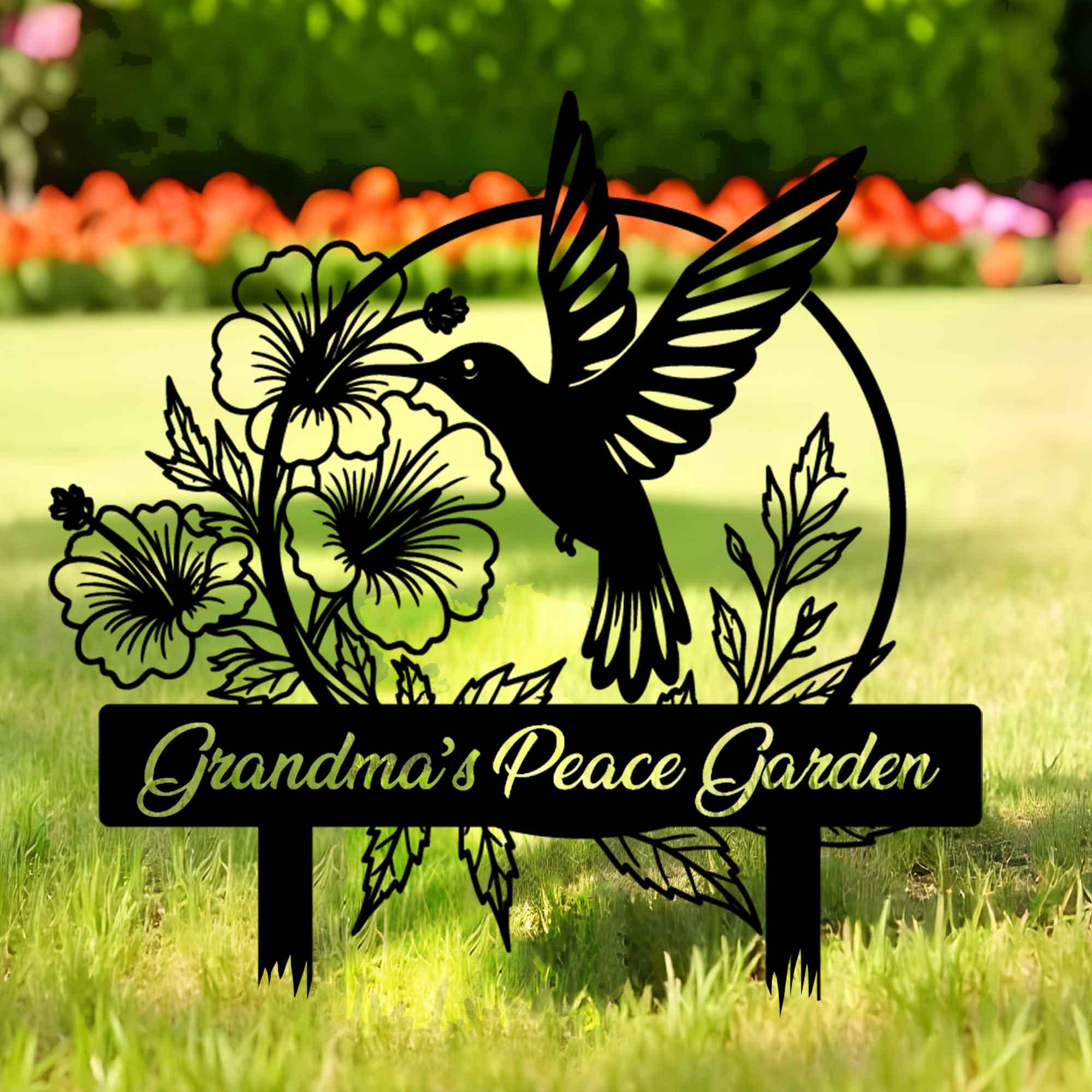 Personalized Hummingbird Metal Garden Decor, Bird with Stakes Garden Sign,Flower Design Personalized Garden Sign,Custom Garden Name Sign