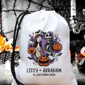 May include: White drawstring bag featuring a Halloween-themed design. The design includes Jack Skellington and Sally, surrounded by pumpkins and bats, with the names "Lissy + Abraham" and "FL, OCTOBER 2025" printed below. The bag has a black drawstring.