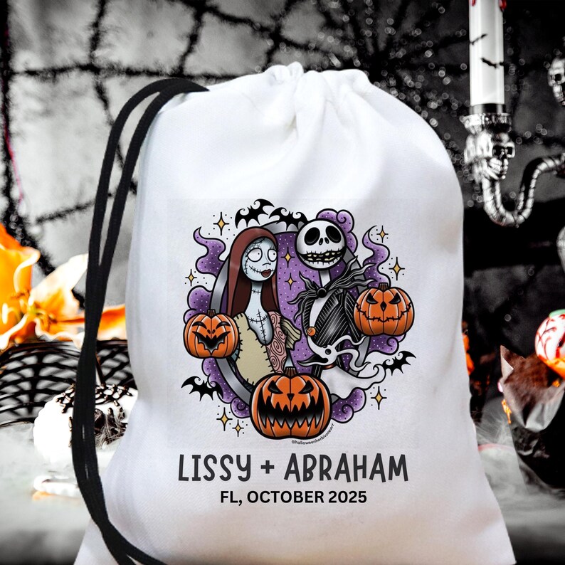 May include: White drawstring bag featuring a Halloween-themed design. The design includes Jack Skellington and Sally, surrounded by pumpkins and bats, with the names "Lissy + Abraham" and "FL, OCTOBER 2025" printed below. The bag has a black drawstring.
