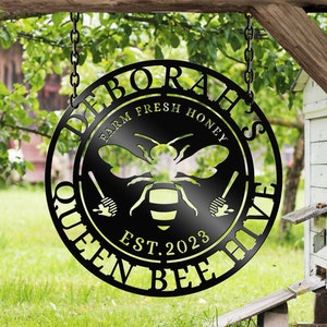 Personalized Honey Bee Sign,Custom Metal Bee Decor,Bee Hive Garden,Welcome Family Bee Sign,Custom Garden Sign,Gift for Gardener Bee Keeper