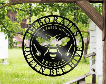 Personalized Honey Bee Sign,Custom Metal Bee Decor,Bee Hive Garden,Welcome Family Bee Sign,Custom Garden Sign,Gift for Gardener Bee Keeper