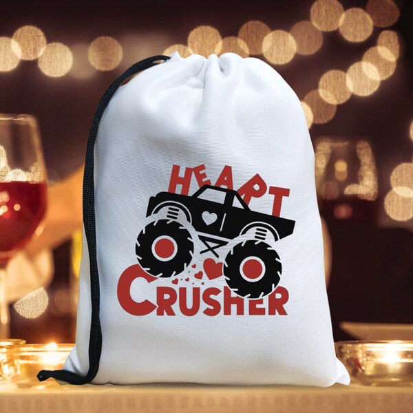 Heart Crusher Valentine Treat Bag, Valentine Gift Bag for Boyfriend, Monster Truck Favor Bag, Black Truck Crusher Love Drawstring Gift Bag