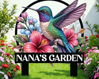 Pali da giardino in metallo personalizzati a forma di colibrì, cartello con uccello e paletti, cartello personalizzato con nome da giardino, regalo per la festa della mamma, cartello personalizzato con nome da giardino