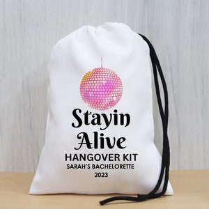 Retro Stayin Alive Hangover Kit, Custom Disco Bachelorette Party, Retro Bach Theme Favors, Disco Party Favor Bags, Hen Party Gift Bags,