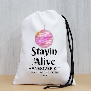 Retro Stayin Alive Hangover Kit, Custom Disco Bachelorette Party, Retro Bach Theme Favors, Disco Party Favor Bags, Hen Party Gift Bags,