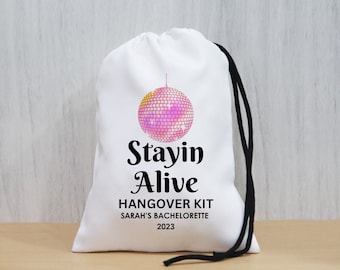 Retro Stayin Alive Hangover Kit, Custom Disco Bachelorette Party, Retro Bach Theme Favors, Disco Party Favor Bags, Hen Party Gift Bags,