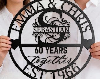 Cartello in metallo personalizzato per anniversario di diamante, regalo personalizzato per 25°, 30°, 40°, 50° e 60° anniversario, cartello in metallo con data di matrimonio, nome di famiglia in metallo