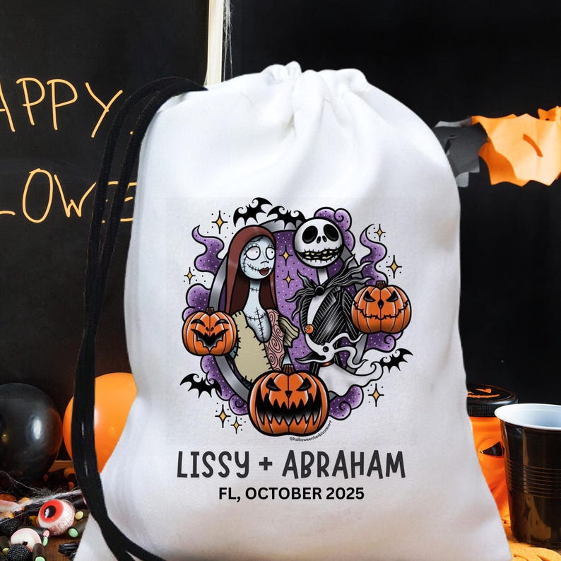 May include: White drawstring bag featuring a Halloween-themed design with Jack Skellington and Sally, surrounded by pumpkins and bats. The bag includes the text "Lissy + Abraham, FL, October 2025".