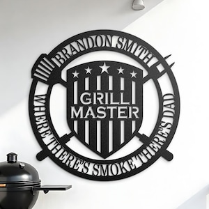 Peut inclure: Décoration murale en métal noir avec le texte "BRANDON SMITH" et "WHERE THERE'S SMOKE THERE'S DAD". Le centre présente un motif de bouclier avec "GRILL MASTER" et des étoiles. Une pièce décorative pour un passionné de grillades.