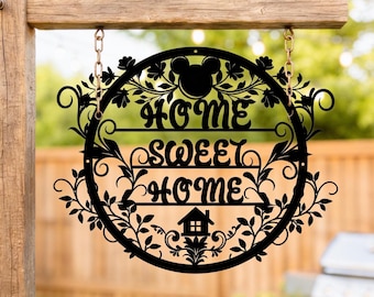 Cartello in metallo "Home Sweet Home", decorazione murale per la casa con Topolino, arredamento in stile rustico, cartello di benvenuto, decorazione murale con castello Disney, regali per la nuova casa.